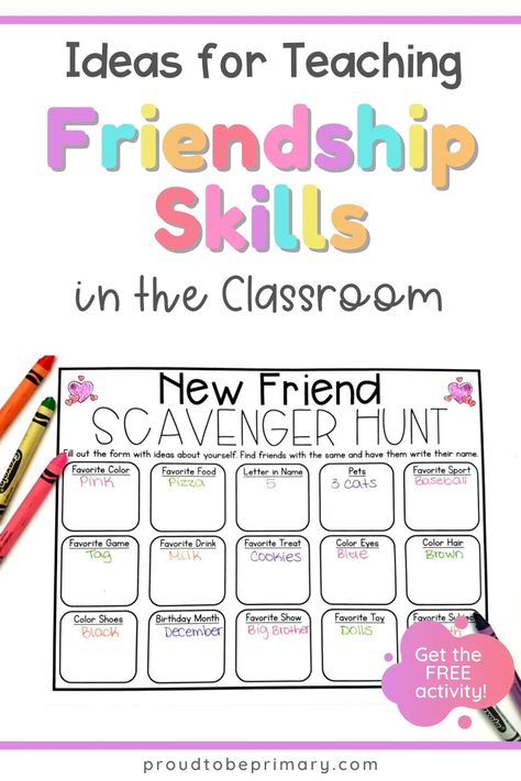 Your guide to teaching kids how to make friends and develop strong relationship skills in the elementary (kindergarten, first, second, third, fourth, and fifth grade) classroom. Find lessons, activities, and strategies, such as how to share, take turns, listen, be a good friend, and show teamwork and cooperation. Classroom friendships can be built through play, social skills lessons, and opportunities to work as a group and solve problems. Grab the free friendship scavenger hunt printable. Turn Taking Activities Kindergarten, New Friend Scavenger Hunt, Elementary Social Skills Group, Friendship Elementary Activities, Friendship Activities First Grade, Social Skills Preschool Activities, Friendship Group Activities Elementary, Teamwork Activities For Kindergarten, Building Friendships Activities For Preschool