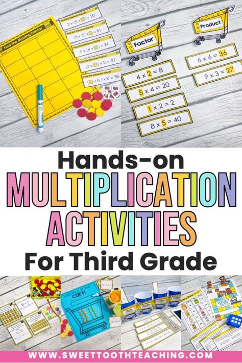 Hands on multiplication games and centers that you can use all year long in third grade! Teaching multiplication so that your students are fluent in their math facts is a HUGE part of third grade. Give your students more opportunities to succeed and master math fact fluency in 3rd grade with these multiplication games, partner activities, and small group plans! Hands On Multiplication, Centers For 3rd Grade, Multiplication Centers, Multiplication Properties, Math Intervention Activities, Third Grade Multiplication, Third Grade Activities, 3rd Grade Activities, Envision Math