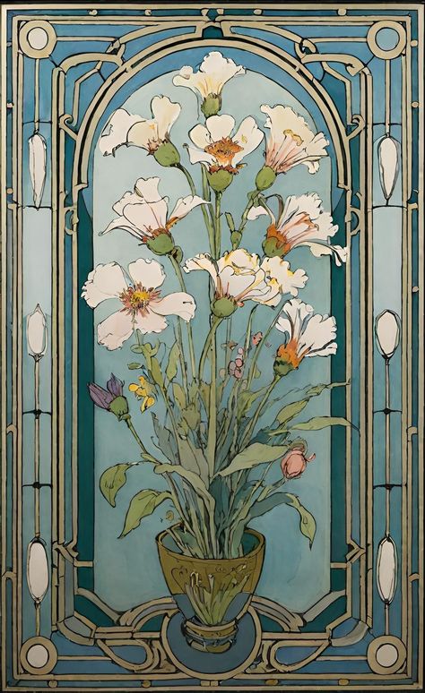 Art Nouveau 1890-1910, Art Nouveau Drawing, Art Nouveau Flowers Illustration, Vintage Botanical Wallpaper, Fiori Art Deco, Art Nouveau Botanical, Art Nouveau Floral Pattern, Art Nouveau Wallpaper, Art Deco Flowers