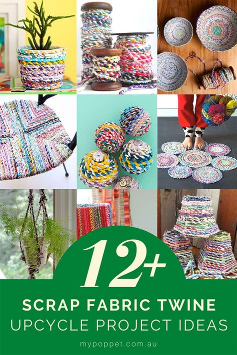 Scrap Fabric Twine Project Ideas to upcycle all those bits of leftover fabric Twisted Fabric Twine, Upcycled Fabric Crafts, Craft Ideas With Fabric Scraps, Scrap Fabric Twine Projects, Scrap Fabric Weaving, Fabric Scrap Twine, Strip Fabric Projects, What To Make With Fabric Twine, How To Make Fabric Twine