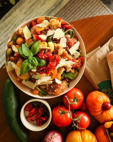 Late Summer Panzanella — Probably This Bread Salad Panzanella, Summer Panzanella, Salad Panzanella, Caper Berries, Vegetarian Casserole, Bread Salad, Vegetarian Entrees, South Louisiana, Pickled Veggies