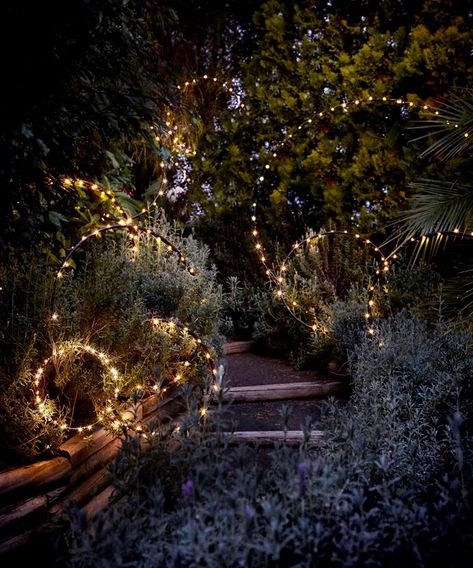 If you’re looking for a quick and affordable way to jazz up your backyard, try your hand at one (or all) of these whimsical lighting ideas to illuminate your outdoor space. Apartment Hacks, Outdoor Fairy Lights, Backyard Lighting, Moon Garden, Night Garden, Magical Garden, Garden Cottage, Landscape Lighting, Backyard Landscaping Designs