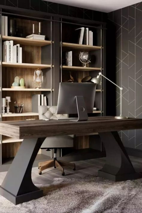 Designing the Ideal 2024 Home Office for Men: Modern, Rustic, and Executive Spaces Home Office For Men Modern, Home Office For Men Rustic, Home Offices For Men, Industrial Office Ideas, Men's Home Office, Wedding Centerpieces Vases, Man’s Office, Men’s Home Office, Rustic Library