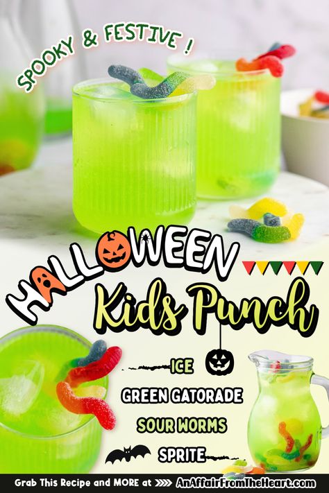 Two glasses filled with Halloween kids punch and topped with a gummy worm. Drink Ideas Halloween, Kid Halloween Party Decorations, Girls Halloween Party Ideas, Witches Punch For Kids, Last Minute Halloween Party Ideas, Scooby Party Food, Halloween Drink For School Party, Halloween Non Alcoholic Punch, Spooky Juice For Kids