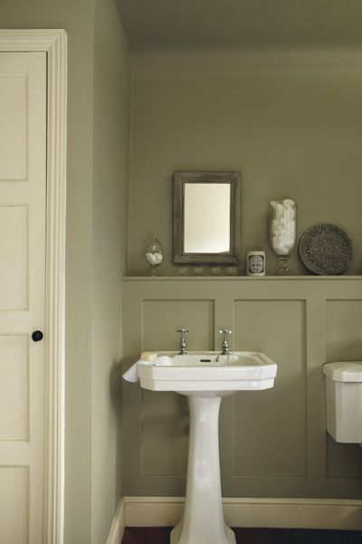 subtle palette | ivory & khaki 1/2 bath Wood panelling French Country Style Bathroom, Country Style Bathrooms, French Country Bathroom, Cottage Bathroom, Country Bathroom, Farrow And Ball, Green Bathroom, Wood Panel Walls, Bath Room