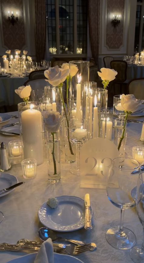 Simple Alter Decor, Sleek Wedding Decor, Candle Lit Reception Tables, Candle Decor Wedding Reception Ideas, Candle Heavy Wedding, Flowers And Candles Wedding, Round Table Setting Ideas Wedding, Wedding Candles Ceremony, Candle Tablescapes Wedding