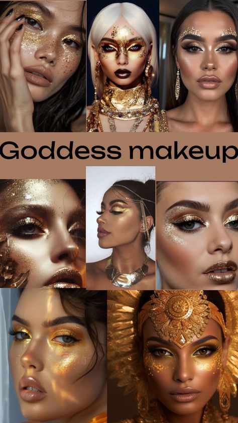 #makeup #makeupinspo #makeupideas #goddesss #gold #goddessmakeup #beautiful #glamorous #sparkles #styleinspo #beauty Goddess Makeup Halloween, Greek Goddess Makeup Look, Moon Goddess Makeup, Persephone Makeup, Gold Goddess Makeup, Aphrodite Makeup, Greek Goddess Makeup, Goddess Makeup Look, Greek Makeup