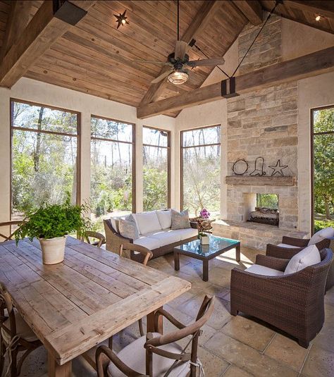 Sunroom. Beautiful Rustic Sunroom Design. #Sunroom Porch Enclosure, Farmhouse Sunroom, Four Seasons Room, Screened Porches, Addition Ideas, Cottage Retreat, Sunroom Decorating, Room Addition, Stone Patio