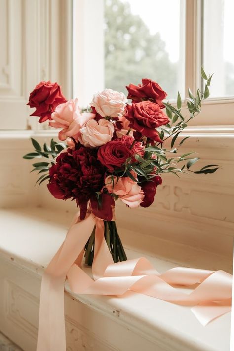 Red And Peach Wedding Theme, Valentines Bridal Bouquet, Valentines Wedding Bouquet, Blush Red Wedding, Valentines Day Wedding Centerpieces, Red And Blush Bouquet, Red And Blush Wedding Flowers, Bridal Bouquet Red And Pink, Red And Pink Fall Wedding