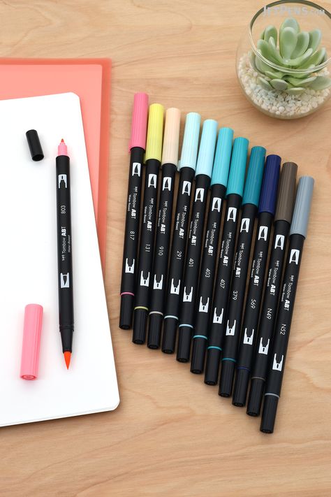 Tombow Dual Brush Pens are available in 12 delightful new colors for 2019! Tombow Brush Pen Aesthetic, Tombow Art Brush Pen, Tombow Brush Pen Swatches, Tombow Dual Brush Pen Lettering, Stationary Obsession, Muji Pens, Brush Pen Lettering, Stationery Obsession, Color Pen