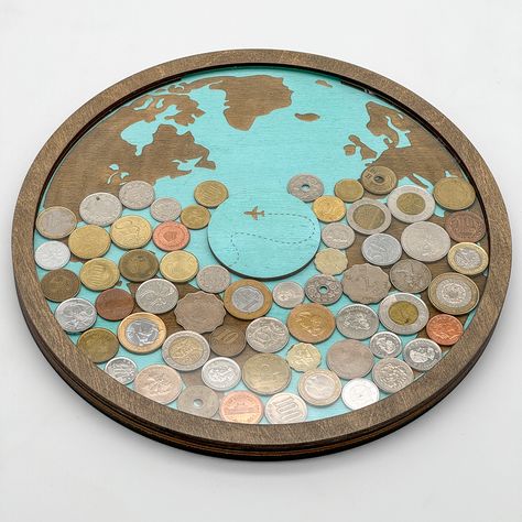 Display your collection of foreign currency, challenge coins or pressed pennies with this DIY coin holder that mounts on the wall! Display Coins From Travel, Coins Collection Display Ideas, How To Display Foreign Currency, Displaying Collections Room Walls, Cool Collections Ideas, Foreign Coin Display, Display Memorabilia Ideas, Foreign Money Display Ideas, Foreign Currency Display Ideas