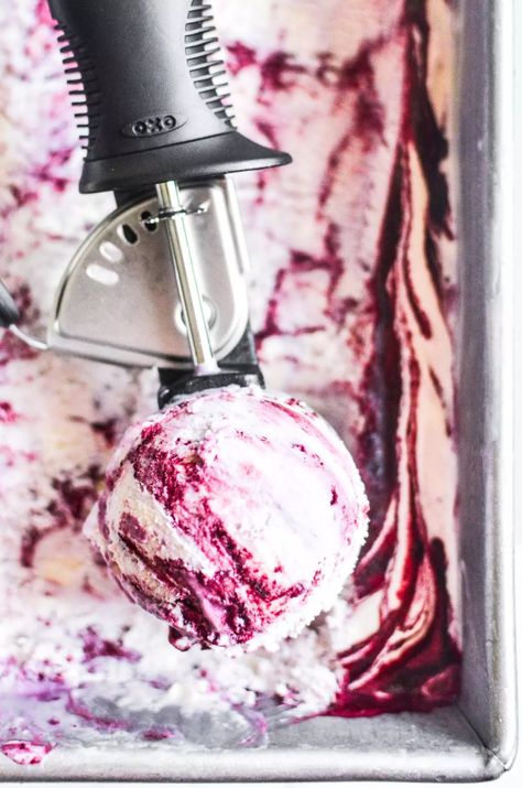 Black raspberry ice cream is an unforgettably delicious frozen treat thanks to the unique flavor of these elusive berries. This homemade berry ripple ice cream is amazing! Black Raspberry Ice Cream, Raspberry Ripple Ice Cream, Unique Ice Cream Flavors, Blackberry Ice Cream, Gluten Free Ice Cream, Raspberry Ice Cream, Ice Cream Maker Recipes, Ice Cream Mixture, Homemade Ice Cream Recipes