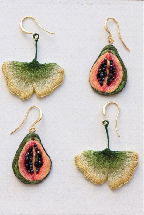 Hand embroidery fruit earrings, beaded earrings, crafts, seed bead, gold earrings, summer earrings, handmade #aesthetic #handmadejewellery #jewelry #jewelrytrends #jewelrylover #earrings #earringsforwomen #embroidery How To Make Embroidered Earrings, Hand Embroidered Earrings, Embroidered Earrings Diy, Hand Embroidery Fruit, Papaya Earrings, Embroided Earrings, Embroidery Earring, Fabric Earrings Handmade, Ginkgo Earrings