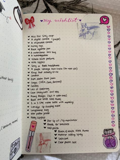 Wishlist Drawing Ideas, Birthday List Aesthetic Journal, Wish List Journal Ideas, What To Write In My Journal, What To Put In My Journal, Journal Ideas Wishlist, Bullet Journal Wishlist Ideas, Wishlist Ideas Aesthetic Journal, Journal Wishlist Ideas