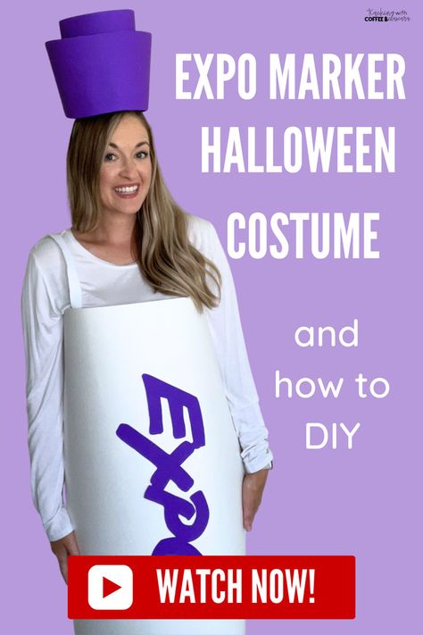 Unleash your creativity with this Expo Marker Costume DIY tutorial! 🖌️👻 Join us on YouTube for a step-by-step guide to crafting your own larger-than-life Expo Marker costume. Perfect for Halloween, costume parties, or just adding a playful touch to your day! Watch now and turn ordinary into extraordinary. Expo Marker Costume, Marker Costume, Halloween School Activities, Halloween Costume Easy, Best Group Costumes, Teacher Halloween Costumes, Diy Marker, Idea For Halloween, Teacher Costumes