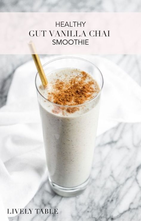 Keep your immune system strong by improving your gut health. This low sugar Healthy Gut Vanilla Chai Smoothie is an easy and delicious way to pack prebiotics and probiotics into your daily routine! Vanilla Chai Smoothie, Chai Smoothie, Gut Health Recipes, Baking Soda Beauty Uses, Prebiotics And Probiotics, Vanilla Chai, Buffalo Cauliflower, Healthy Smoothie, Healthy Gut