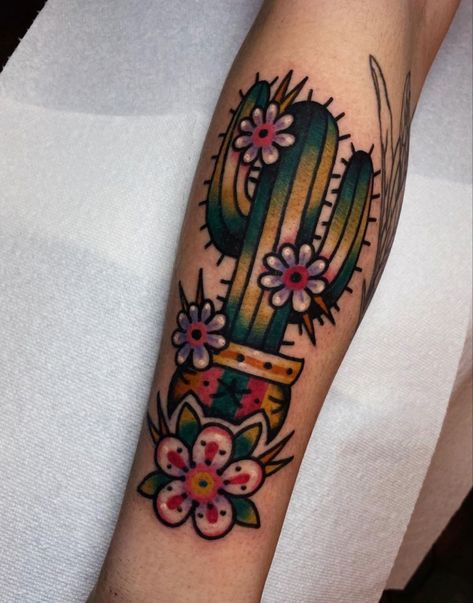 Desert Flash Tattoo, American Traditional Cactus Tattoo, Cactus Skull Tattoo, American Traditional Cactus, Traditional Cactus Tattoo, Cactus With Flowers, Desert Tattoo, Traditional Tattoo Man, Trad Tattoos