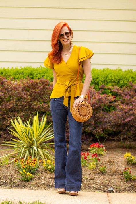 JBrand Lovestory Flare Jean with Mustard Yellow Blouse - Elegantly Dressed and Stylish - Fashion Over 50 Blue Kimono Outfit, Yellow Blouse Outfit, Casual Outfit For Women, Huey Lewis, Mustard Yellow Blouse, Popular Jeans, The Color Yellow, Jeans Flared, Kimono Outfit