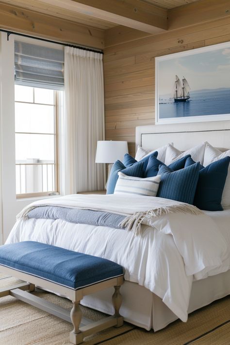 Couple Bedroom Ideas Blue, Subtle Blue Bedroom, Bedroom Inspirations Couples, Coastal Gallery Wall, Beachy Bedroom, White Linens, Coastal Bedroom Decorating, Coastal Interior, Coastal Pillows