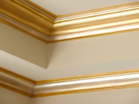 Gold Crown Molding Ceilings, Gold Baseboards, Gold Crown Molding, Gold Wainscoting, Gold Trim Walls, Condo Lighting, Cornices Ceiling, Upstairs Lounge, Molding Ceiling