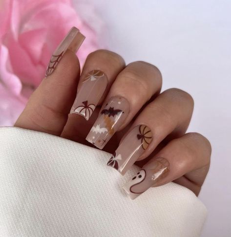 Fall Boujie Nails, Nails Design For Fall Autumn, October Nails Ballerina, Cute Fall Nails Orange And Brown, Fall Gel Nails Designs Leaves, Pumpkin Nails Almond Shape, Brown October Nails, Autumn Coffin Acrylic Nails, Brown Nails Fall Art Designs