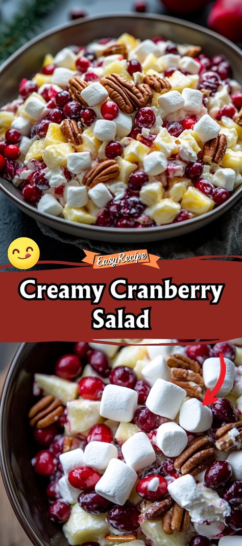 Delight in the festive flavors of Creamy Cranberry Salad, where tart cranberries mix with sweet pineapple and marshmallows, enveloped in a lush whipped cream dressing. This salad is a colorful addition to any holiday table, offering a sweet contrast to savory dishes. #CranberrySalad #HolidayRecipe #DessertSalad Vintage Cranberry Salad, Cranberry Nut Salad, Cranberry Delight Salad, Creamy Cranberry Salad, Cranberry Cream Cheese Salad, Thanksgiving Dessert Salads, Cranberry Marshmallow Salad, Cranberry Salads For Thanksgiving, Thanksgiving Salads Ideas Simple