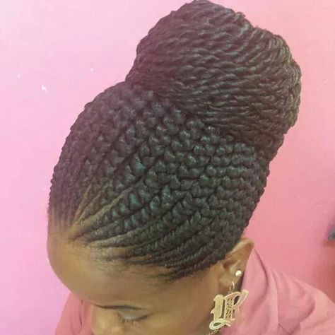 Ghana bun Braid On Curly Hair, Large Braids, Cornrows Updo, Ghana Braid Styles, Hairstyles Cornrows, Hair Lookbook, Unusual Hats, Braid Updo, Hip Tattoos