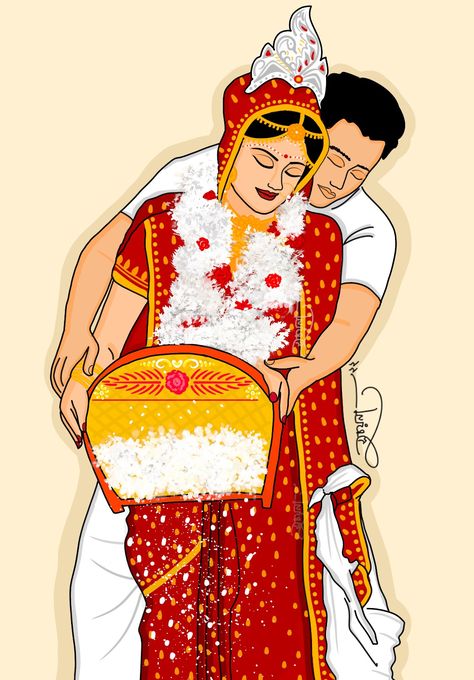 Bengali Wedding Couple Cartoon, Bengali Bride Cartoon, Bengali Bride Illustration, Bengali Bride And Groom Cartoon, Bengali Wedding Painting, Bengali Wedding Illustration Art, Bengali Bride Groom Illustration, Bengali Bride Drawing, Bengali Couple Illustration Drawing