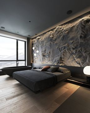 Minimal Interior Design Inspiration | 202 | UltraLinx Stone Bed, Idea Bilik Tidur, Reka Bentuk Bilik Tidur, Textured Feature Wall, Gorgeous Apartment, Minimal Interior Design, Dark Bedroom, Luxury Bedroom Design, Dark Interiors