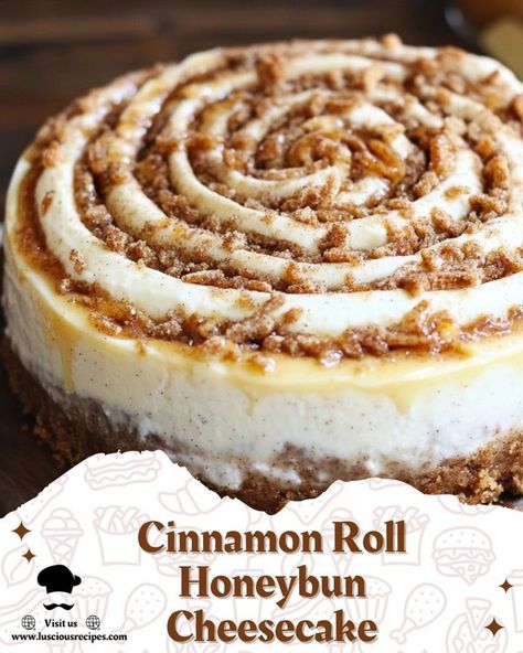 Yummy Food | Cinnamon Roll Honeybun Cheesecake | Facebook Cinnamon Roll Cheesecake Recipes, Honeybun Cheesecake, Cheesecake Delight, Roll Cheesecake, Cinnamon Roll Cheesecake, Cinnamon Roll, Cream Cake, Cheesecake Recipes, No Bake