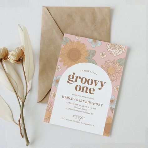 Groovy One Retro Floral 1st Birthday Invitation #Invitation #card #template #design #pinterestquotes #pinterestideas #pinterestmom #pinterestwedding #aesthetic #love #art #pinterestsuccess 10th Birthday Invitation, Young Wild And Three, Floral Birthday Invitations, Birthday Accessories, 2nd Birthday Invitations, Retro Birthday, Floral Birthday, 1st Birthday Invitations, Girl Birthday Party