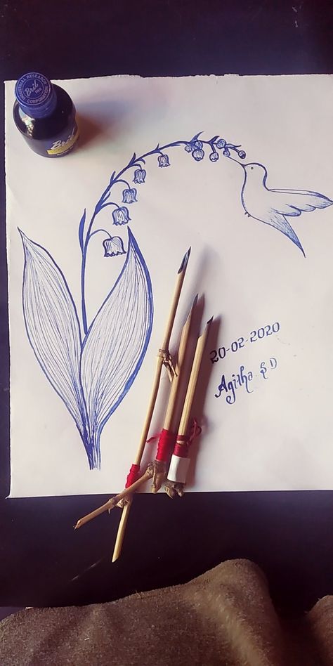 Blue Pen Art Simple, Blue Pen Drawing Easy, Blue Pen Sketch Simple, Pen Art Drawings Simple, Drawing Bird, Pencil Sketches Easy, Swan Painting, Blue Bamboo, Bamboo Pen