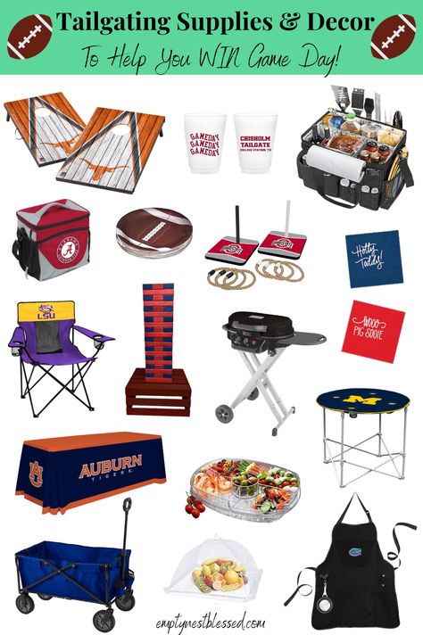 It’s almost tailgate time! Level up your game day spirit with the right tailgating supplies & decor! Go, team! Decorating A Lake House, Tailgating Setup, Tailgate Necessities, Ladder Toss, Football Centerpieces, Tailgate Decorations, Lake House Decorating, Nest Decor, Grilling Essentials