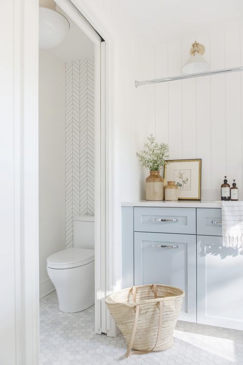 This dreamy white and wood kitchen is giving all the good vibes White And Wood Kitchen, Shiplap Trim, Cottage Laundry Room, White Wood Kitchens, Blue Laundry Rooms, White Laundry Rooms, White Laundry, Laundry Cabinets, Laundry Room Shelves