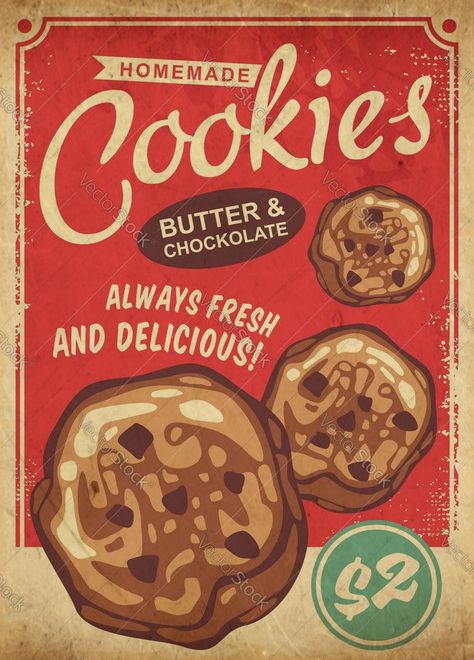 Cookie Poster Design, Cookies Poster Design, Retro Cookies, Cookies Poster, Retro Food Poster, Vintage Food Posters, Vintage Bakery, Poster Vintage Retro, Vintage Diner