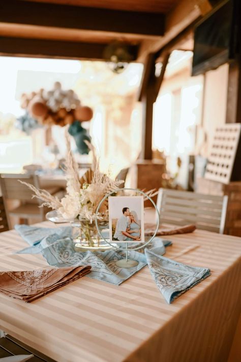 Westons western Baby Shower | CatchMyParty.com Western Baby Shower Dress, Rodeo Birthday Table Decor, Neutral Western Party, Cowboy Baby Shower Theme Centerpieces, First Rodeo Baby Shower Ideas, Country Themed Baby Shower Ideas, Rodeo Theme Baby Shower Ideas, Boho Cowboy Baby Shower Ideas, Western Baby Boy Shower Ideas