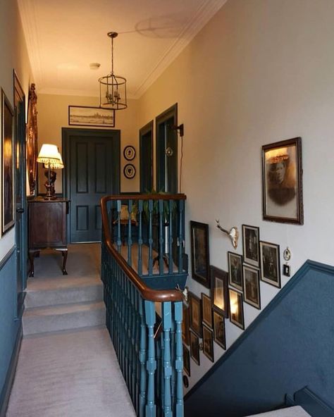 Blue Half Wall, Navy Blue Bannister, Blue Woodwork, Dark Blue Stairway, Painted Wooden Bannister Ideas, Victorian Landing, Dark Blue Stairs, Dark Painted Staircase Banisters, Dark Blue Hallway And Stairs