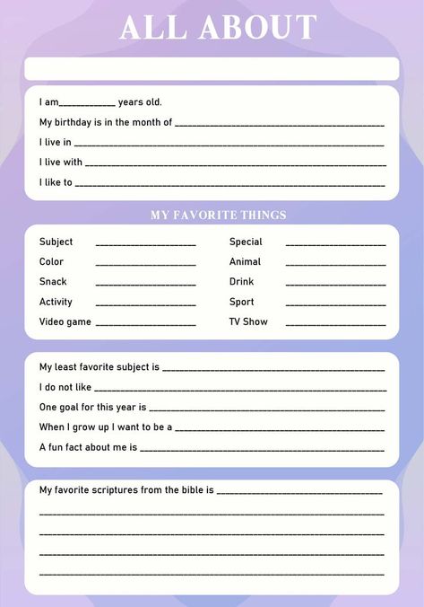 Express yourself and reflect on your life with this free printable All About Me worksheet designed for adults. Use it to explore your thoughts, memories, and aspirations. Download your copy today and start your journey of self-discovery. #SelfDiscovery #PersonalReflection #Adulting101 #freeprintableall Fun Charts To Fill Out, All Abt Me Sheets, Alter Introduction Template Did, Slambook Templates Printable, Get To Know Me Page, Cute About Me Template, Introduce Yourself Ideas, Introduce Yourself Template, All About Me Sheet