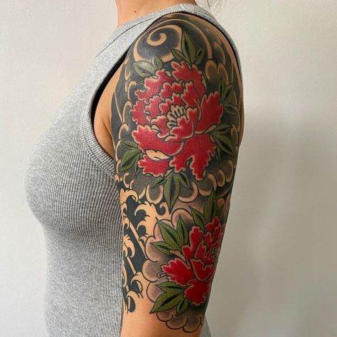 𝕴𝖘𝖆𝖆𝖈 𝕭𝖚𝖘𝖍𝖐𝖎𝖓 on Instagram: "Finished up @pdxkinoko ‘s half sleeve. Thank you so much Erika! This was so fun to make and as always a treat conversing about food and culture with you! . . . . .#japanesetattoo #japanesehalfsleeve #peonies #peoniestattoo #peonytattoo #portlandtattoo #pdxtattoo" Japanese Peony Tattoo Shoulder, Peony Tattoo Shoulder, Japanese Half Sleeve Tattoo, Japanese Half Sleeve, Japanese Peony Tattoo, Japanese Peony, Portland Tattoo, Half Sleeve Women, Tattoos Inspo