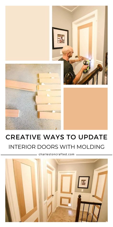 Interior Doors Ideas Diy, 2 Tone Interior Doors, Transform Flat Panel Doors, Panelling On Doors, Black Flat Panel Interior Doors, Bedroom Door Trim Ideas, Upgrade Indoor Doors, Interior Door Renovation, Upgrading Flat Panel Doors