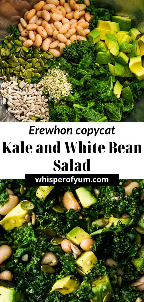 This kale and white bean salad recipe is one of my favorites. Made with kale, cannellini beans, an assortment of seeds, avocado and a luscious lemon vinaigrette. Kale White Bean Avocado Salad, White Bean Edamame Salad, Kale Cilantro Salad, Bacon Kale Salad, Kale Bean Salad Recipes, Butter Bean Kale Salad, Black Bean Kale Salad, White Bean Pesto Salad, Spinach Artichoke Cannellini Beans