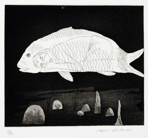 "The Boy Hidden in a Fish," from â"The Little Sea Hareâ" in "Six Fairy Tales from the Brothers Grimm," 1969, etching. © David Hockney. Used with permission. Brothers Grimm Fairy Tales, Grimm Tales, The Brothers Grimm, Pop Art Movement, Brothers Grimm, Grimm Fairy Tales, David Hockney, The Boy, Grimm