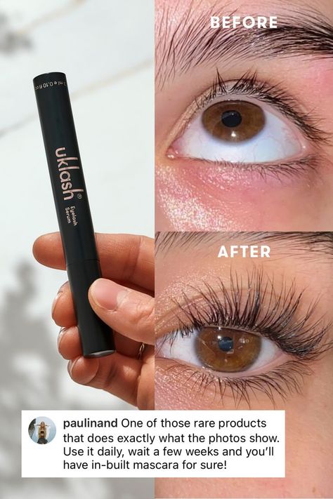 Hand holding UKLASH Lash Serum, featuring Before and After Results, and client positive review message Eyelash Enhancer, Makeup Help, Perfect Skin Care Routine, Eyelash Serum, Lash Serum, Eyelash Growth, Perfect Eyebrows, Growth Serum, Glow Up Tips