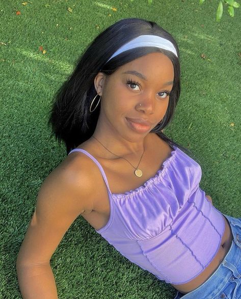 pc: @oluchiamara - a purple shirred top paired with jeans and a white headband Purple Headband Outfit, Purple Headbands, Shirred Top, Headband Outfit, Taylor Swift Concert, White Headband, Black Beauty, Concert Outfit, Follow For More