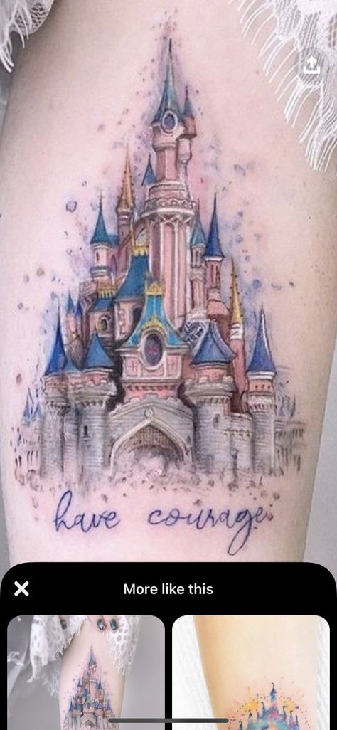 Disney Castle Tattoo Color, Disney Castle Tattoo, Tinker Bell Tattoo, Disney Inspired Tattoos, Chateau Disney, Disneyland Paris Castle, Tattoo Disney, Castle Tattoo, Disney Sleeve