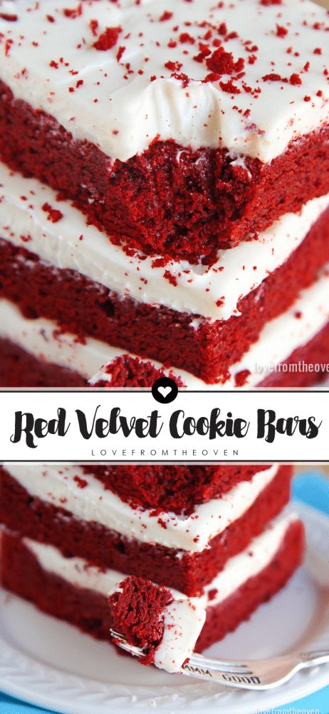 Red Velvet Cookie Bars With Cream Cheese Frosting Red Velvet Cookie Bars, Red Velvet Bars, Blue Recipes, Bars With Cream Cheese Frosting, Bars With Cream Cheese, Amazing Cupcakes, Love From The Oven, Red Velvet Cookies, With Cream Cheese Frosting