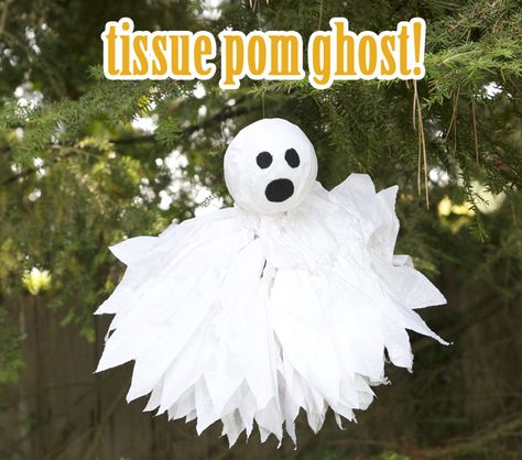 Ghosts in the trees.  Cute spooky, not spooky-spooky.  No need to scare the little ones. Tissue Crafts, Kid Friendly Halloween Crafts, Tissue Paper Pom Poms Diy, Halloween Ghost Craft, Paper Ghost, Ghost Crafts, Tissue Paper Crafts, Kid Friendly Halloween, Halloween Sweets