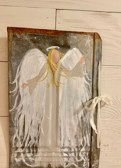 ANGEL ART original, Farmhouse angel painting, hand painted, aged rustic metal, country decor, shabby angel, angel on a tin roof shingle. by ImagineHeavenCo on Etsy Roof Shingle, Original Farmhouse, Angel Paintings, Nativity Painting, Christmas Angel Decorations, Saint Helena Island, Core Decor, Saint Helena, Silhouette Painting