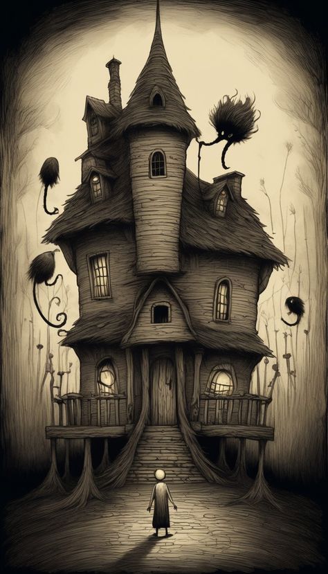 they leave their houses Scary House Drawing, Spooky House Drawing, Spooky Landscape, Haunted House Drawing, Simple House Drawing, Food 3d, Scary Houses, Tree Lined Driveway, Fairytale House