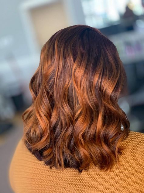 Burnt Orange Brown Hair, Copper Brown Hair Mid Length, Light Orange Brown Hair, Brown Hair With Orange Highlights, Orange Highlights In Brown Hair, Brown Orange Hair, Copper Orange Hair, Orange Brown Hair, Dark Brown Hair Dye